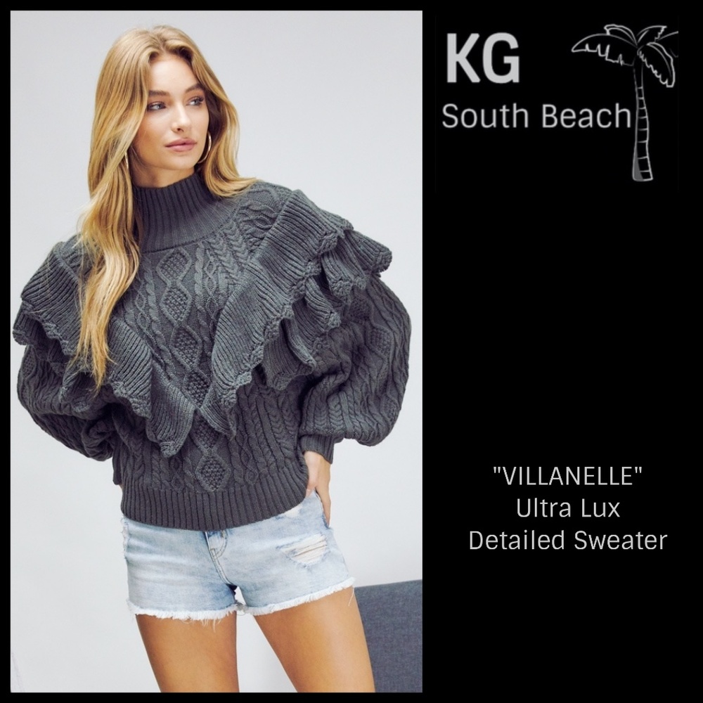 📌 Davi&Dani Balloon Sleeve Statement Sweater V-Shape Double Ruffle Detail Bodice